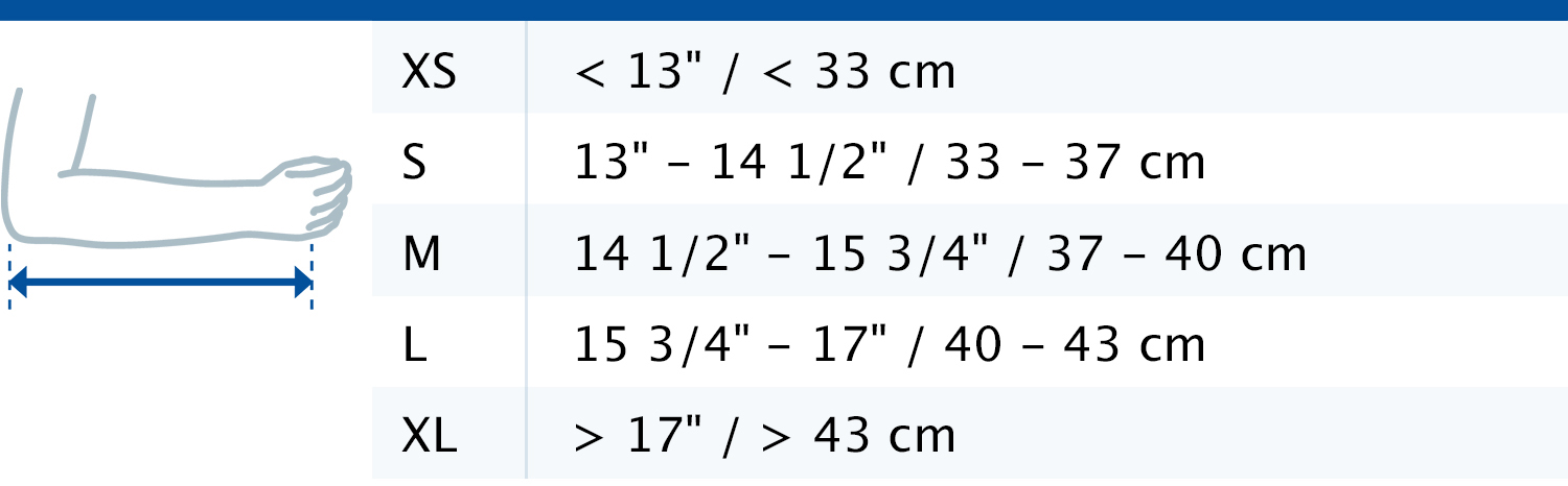 Size chart showing measurements for Actimove Professional Line Umerus Comfort Shoulder Immobilizer
 Size chart showing measurements for Actimove Professional Line Umerus Comfort Shoulder Immobilizer